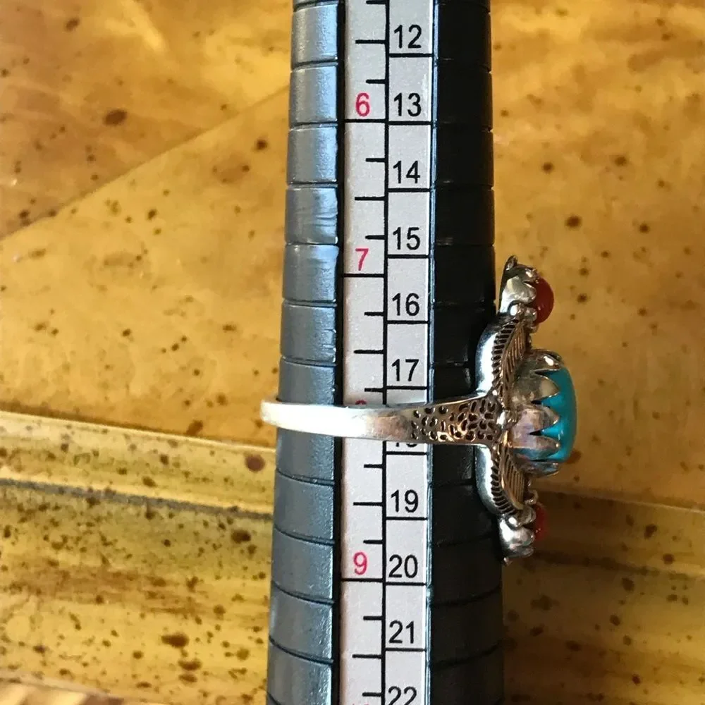 Sleeping Beauty Turquoise Coral Sterling Silver Feather Ring Size 8